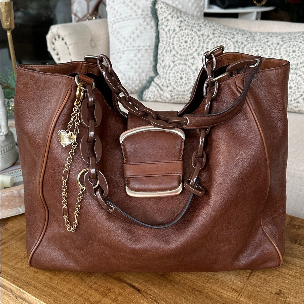 Vintage Banana Republic Jumbo Brown Leather Buckle & Chain Hobo Bag - Picture 8 of 15